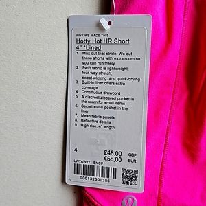 Lululemon Hotty Hot High Rise Short Lined 4" Shorts Color: Hot Pink